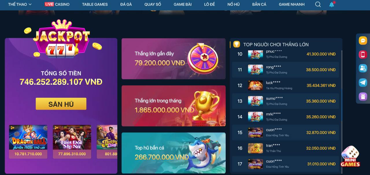 Sảnh Jackpot nổ hũ cực lớn